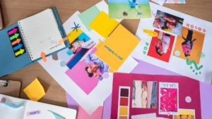 A designer pointing at a branding mood board with colorful images, notes, and design elements spread across a wooden table, illustrating the creative process of brand development.