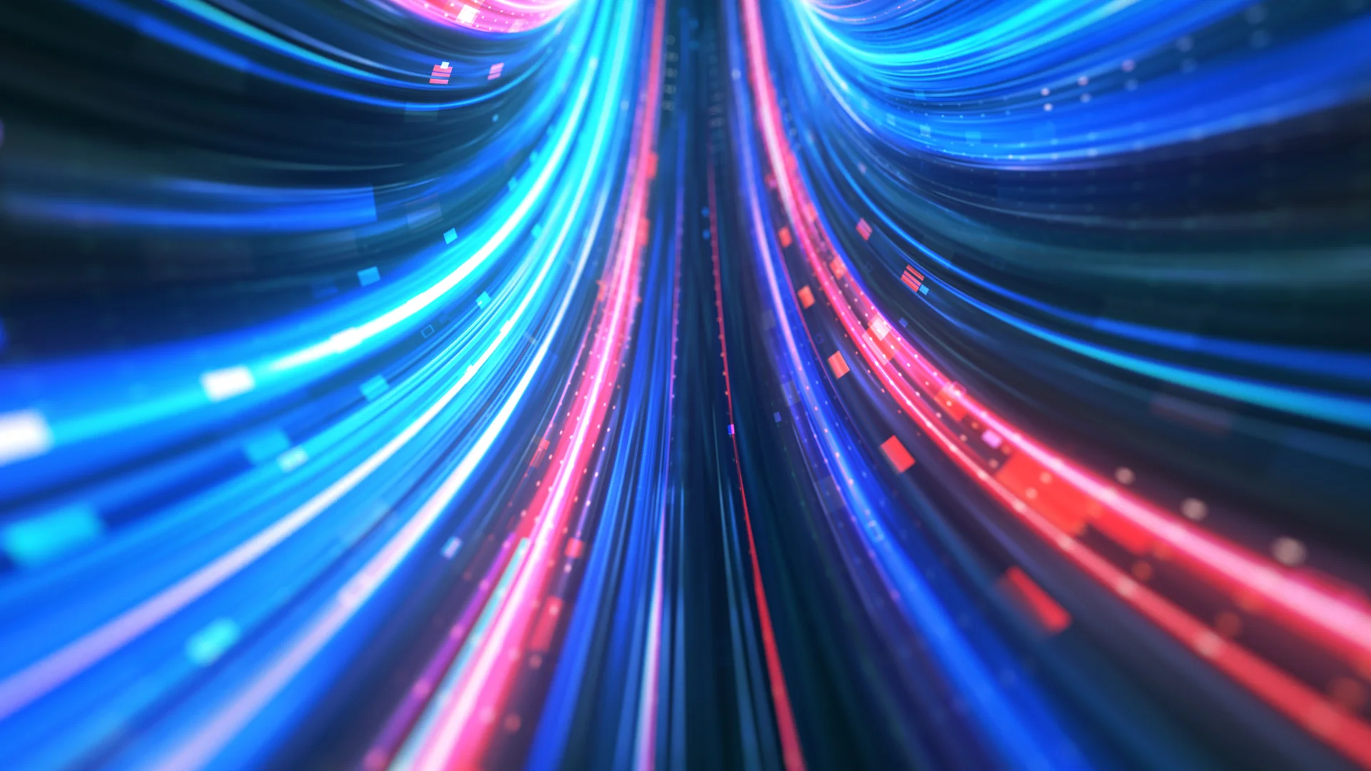 A futuristic digital data stream with glowing blue and red light trails, symbolizing high-speed data transfer, technology, and innovation.