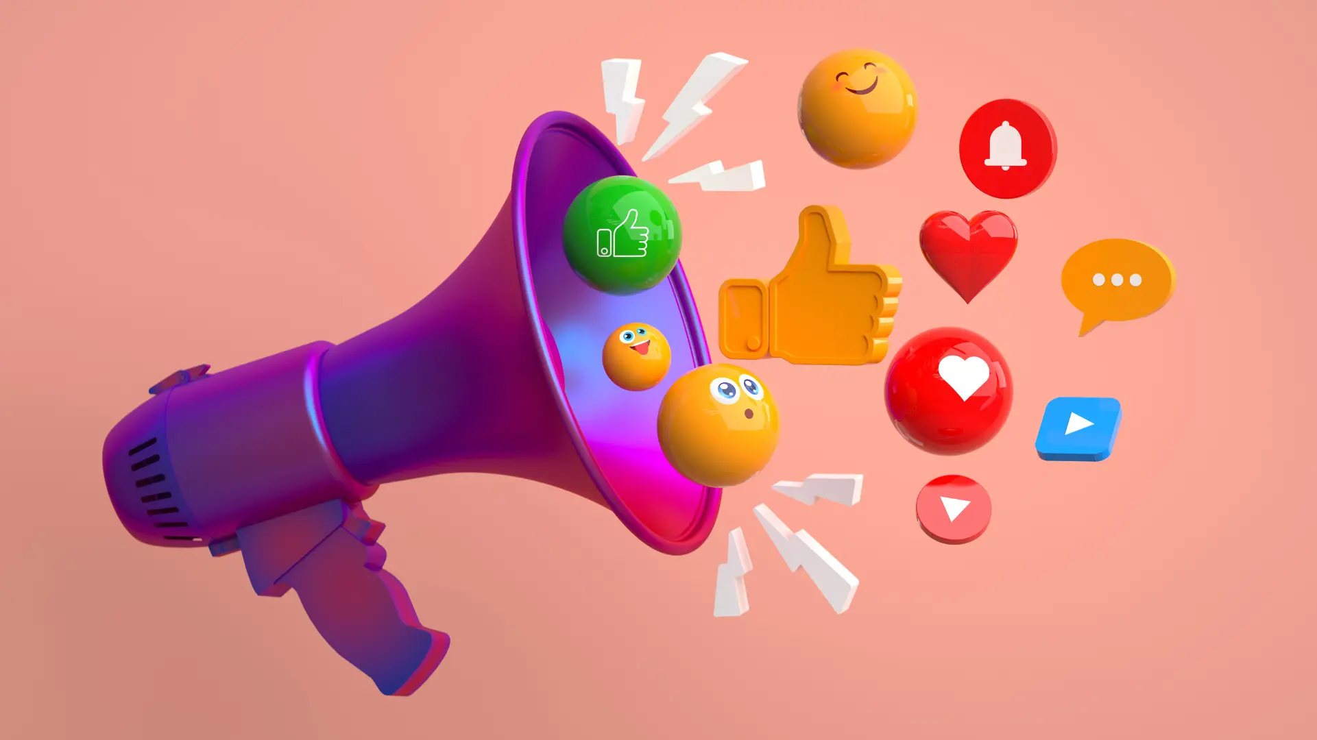 A colorful 3D megaphone with various social media reaction icons, including likes, hearts, comments, and notifications, symbolizing digital marketing and online engagement